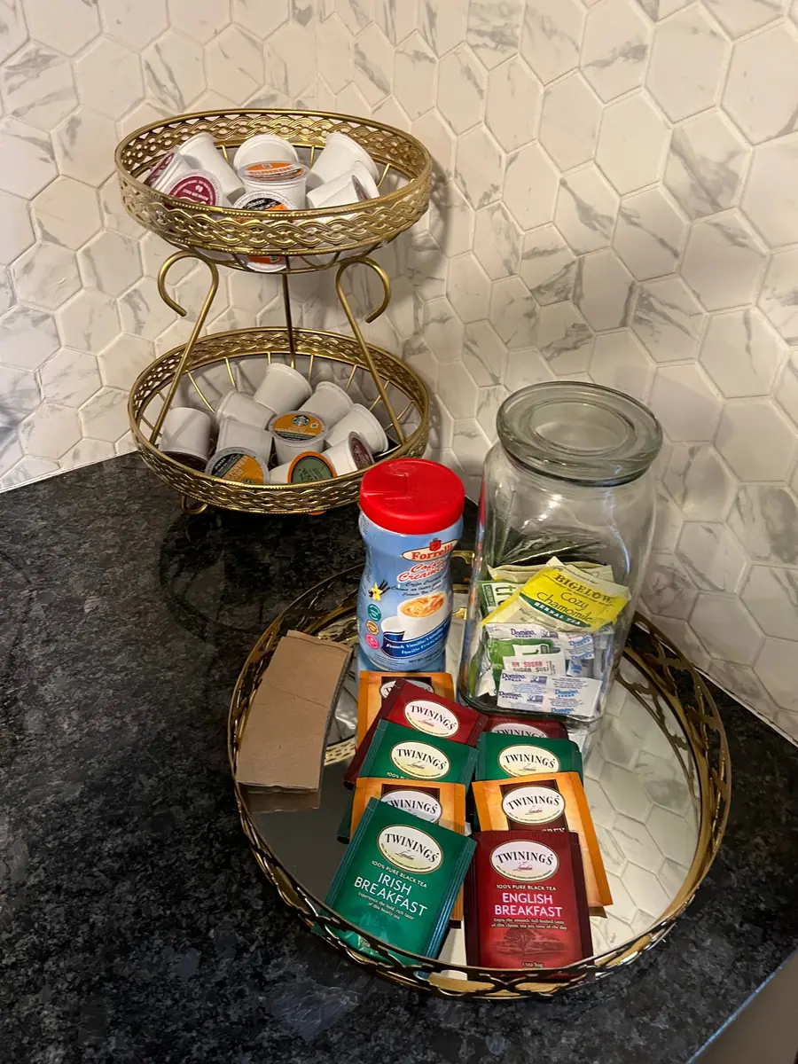 Coffee and tea station restocked for the next guests