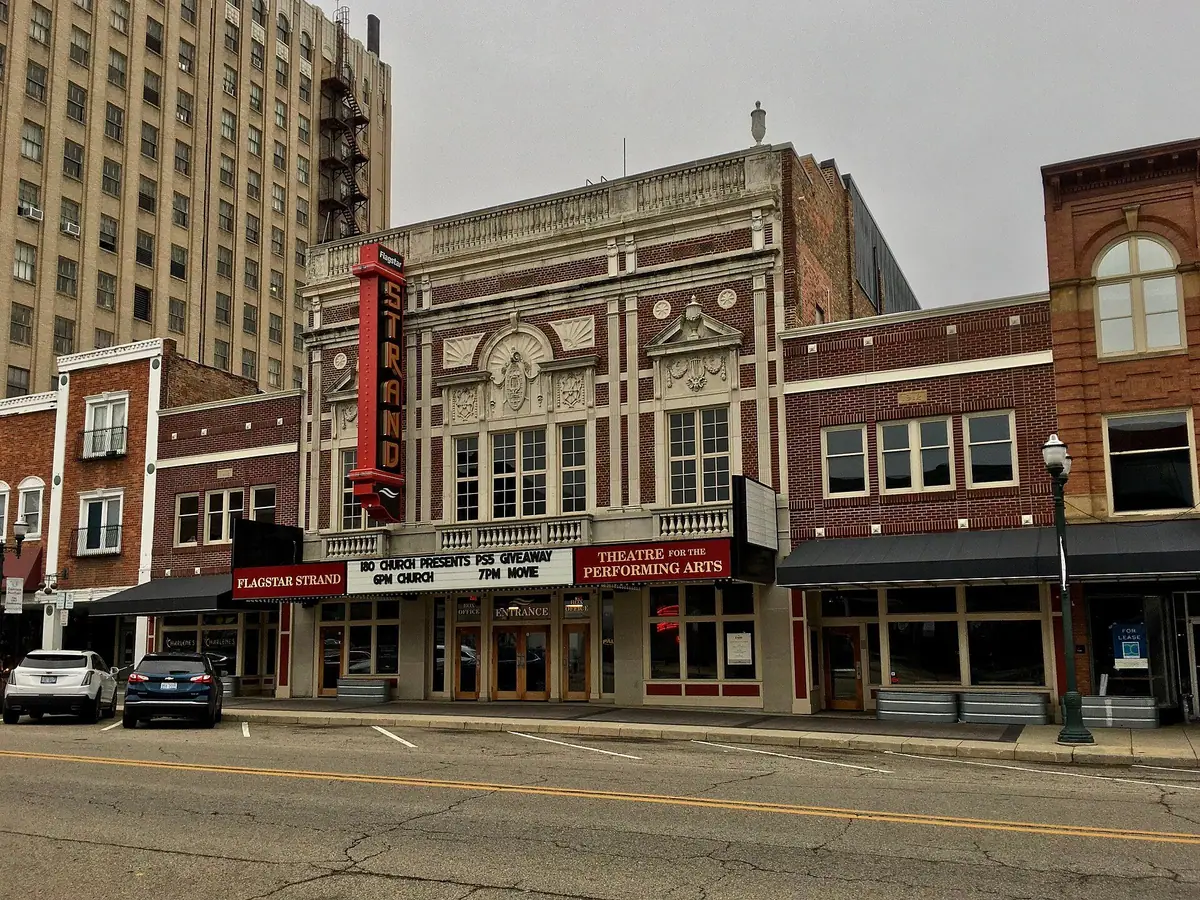 The Strand Theatre marquee on North Saginaw Street in downtown Pontiac