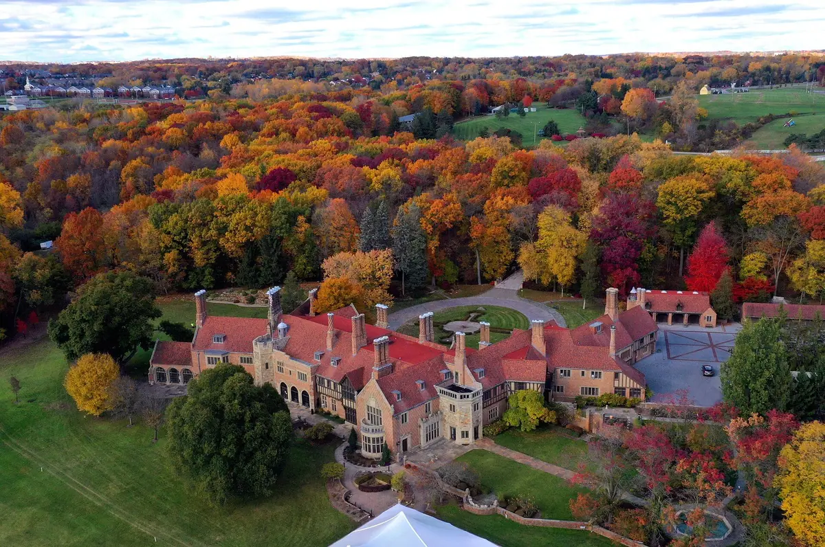 Autumn aerial view of Meadow Brook Hall in Rochester Hills